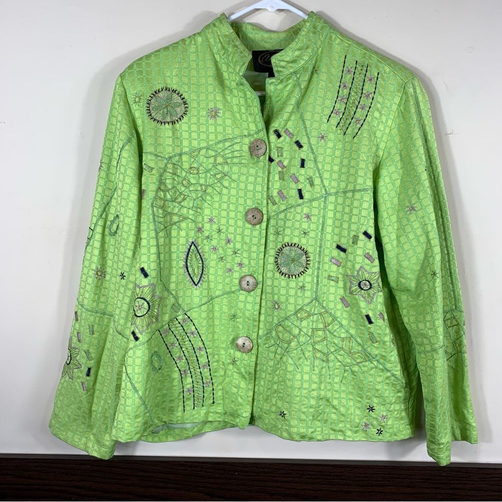 Alex Kim Lime Green Lightweight Embroidered Button Down Blazer Size Medium